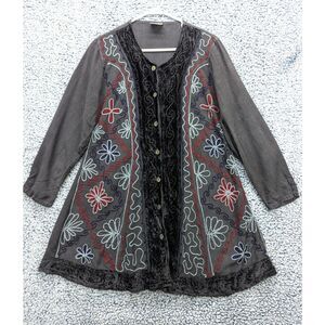 TQ Bohemian Button Up Tunic Top Size S Velvet Embroidered Hippie Peasant Artsy
